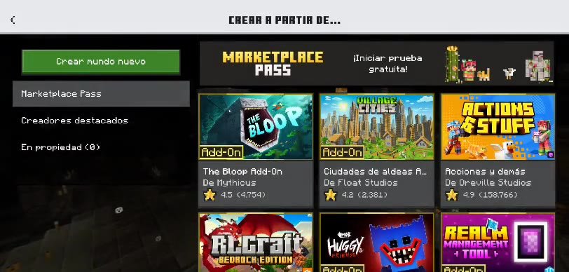 Pantalla Crear a partir de